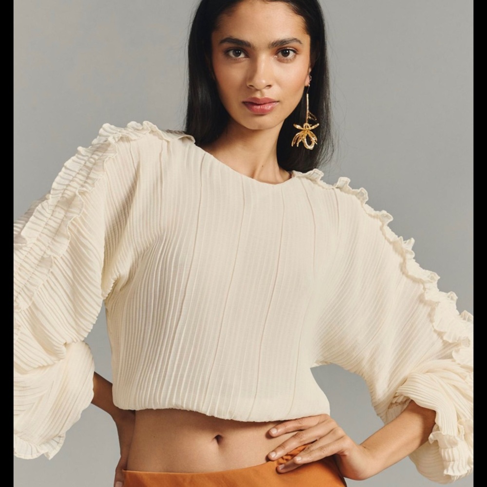 Anthropologie cream plisse romantic top